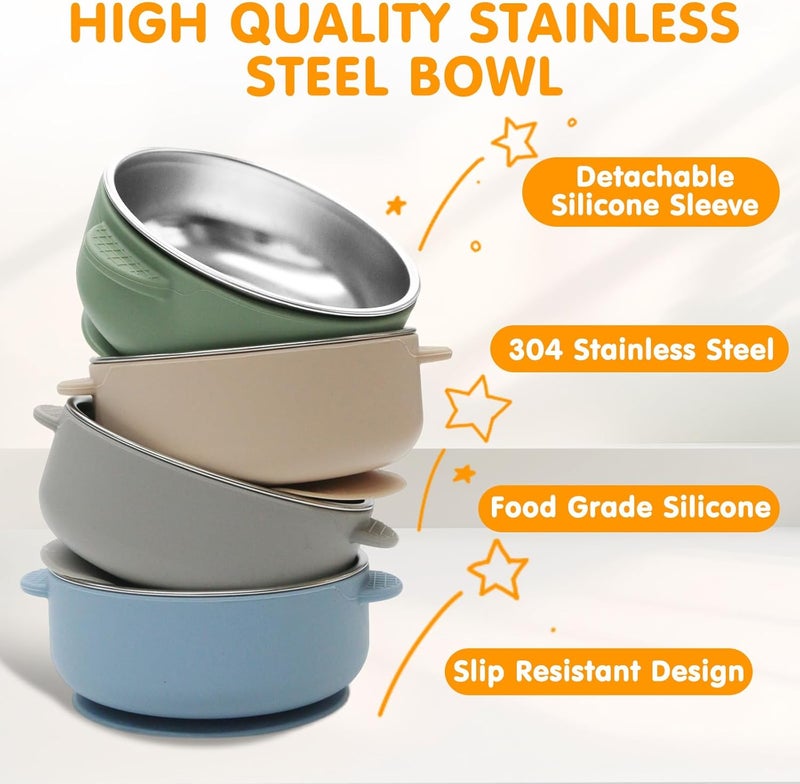 JVEOO 4 Pack Stainless Steel Baby Bowls with Suction, 2-in-1 SUS304 Toddlers Bowl & Removable Silicone Suction Kids Bowl Anti Scald Non Toxic Snack Container for Baby Food Feeding - Image 2